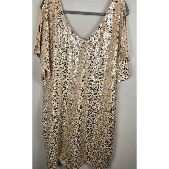 Vintage Y2k DEB Rose Gold Sequin Stretchy Mini Glam Club Dress 3X Double V Neck - Picture 1 of 8